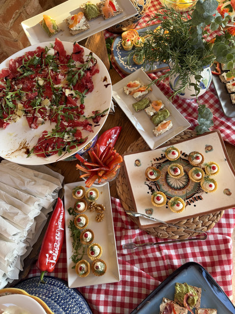 Masă cu antipasti: carpaccio cu rucola, tartelete cu cremă și gustări cu somon, pe față de masă în carouri