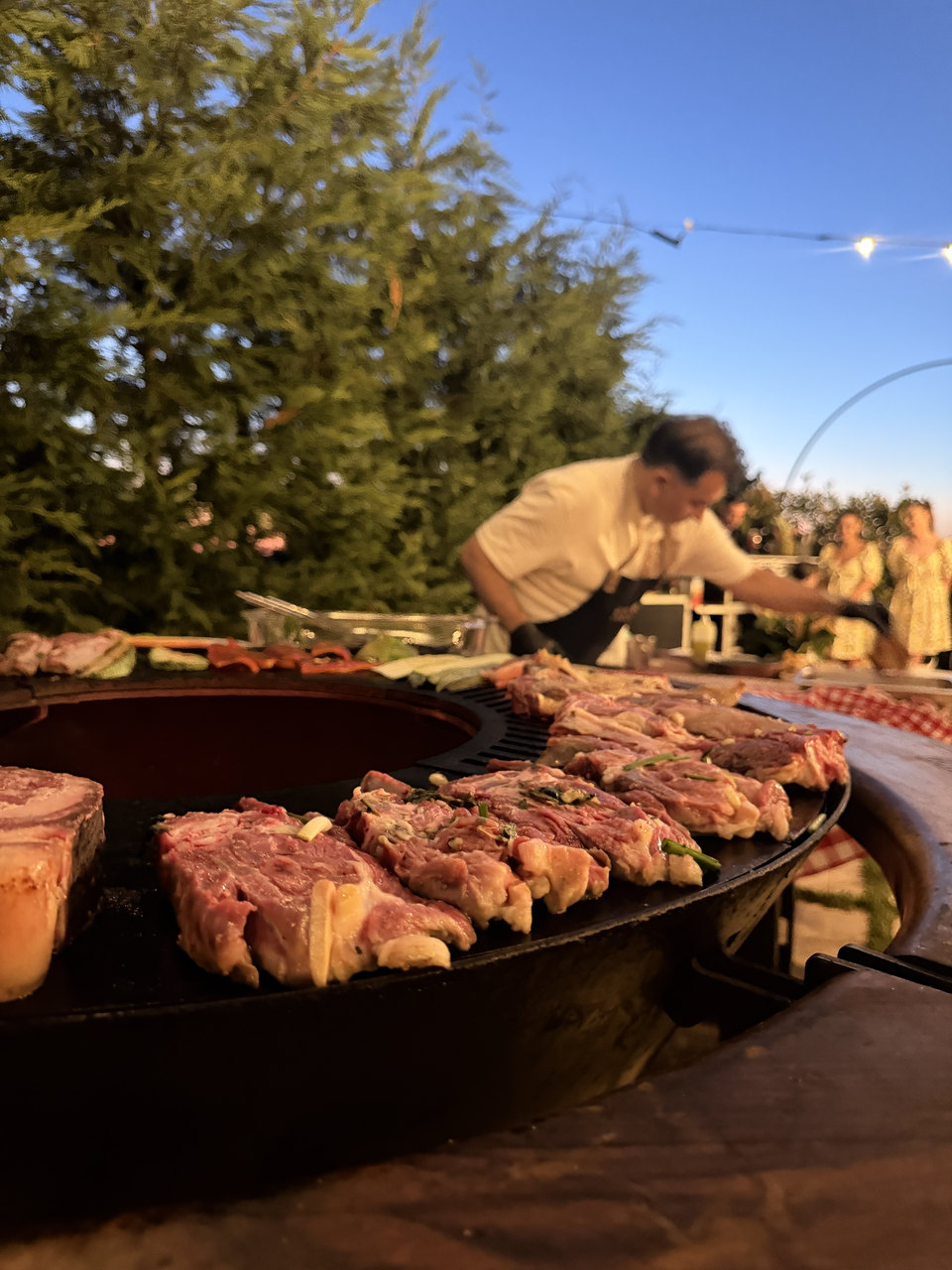 Grătarul mare din grădină, cu carne la foc